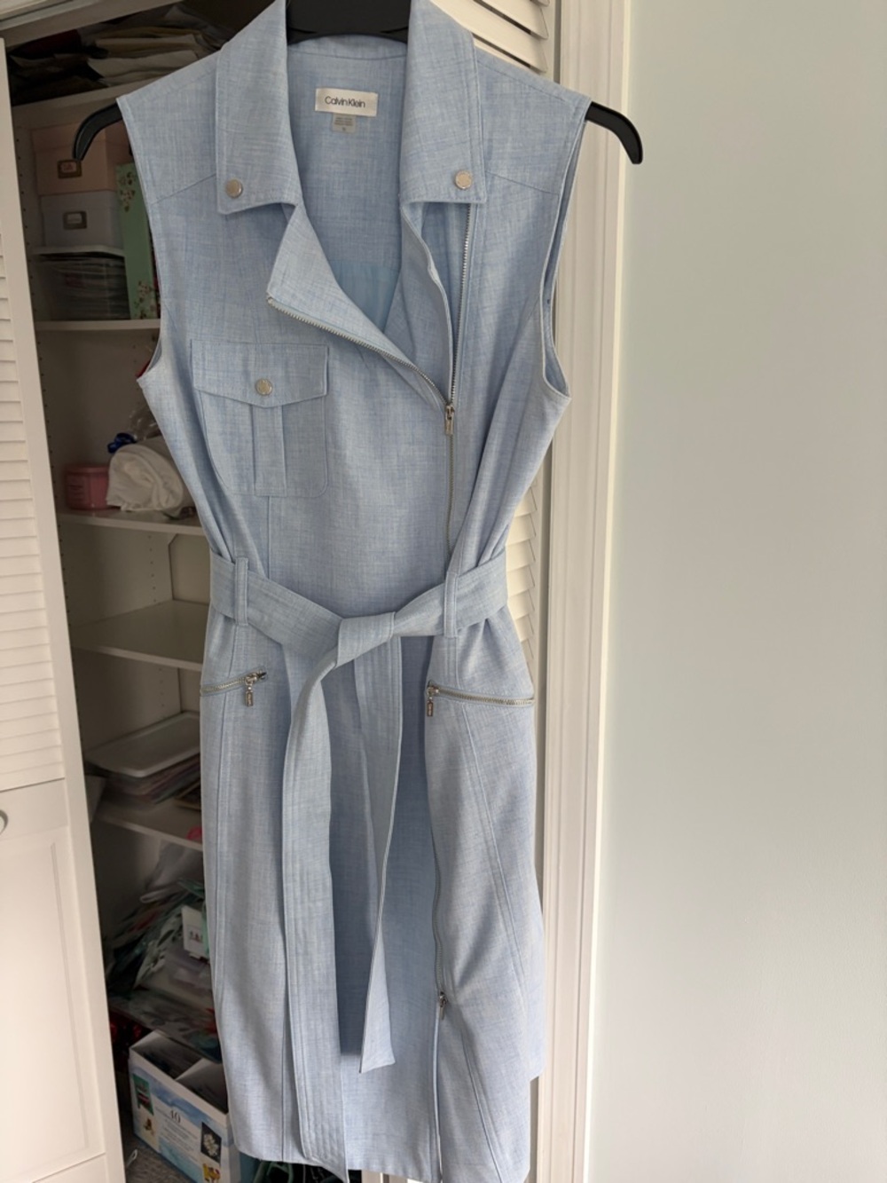Calvin Klein Light Blue Sleeveless Zip-Front Belted Dress